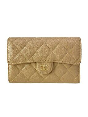 Chanel Trifold Wallet Quilted Beige Gold CC Logo